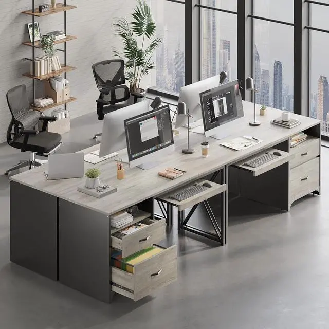 Alt view image 6 of 7 - Bestier Office Desk with Drawers, 55 inch Industrial Computer Desk with Storage, Wood Teacher Desk with Keyboard Tray & File Drawer for Home Office, Light Gray Oak