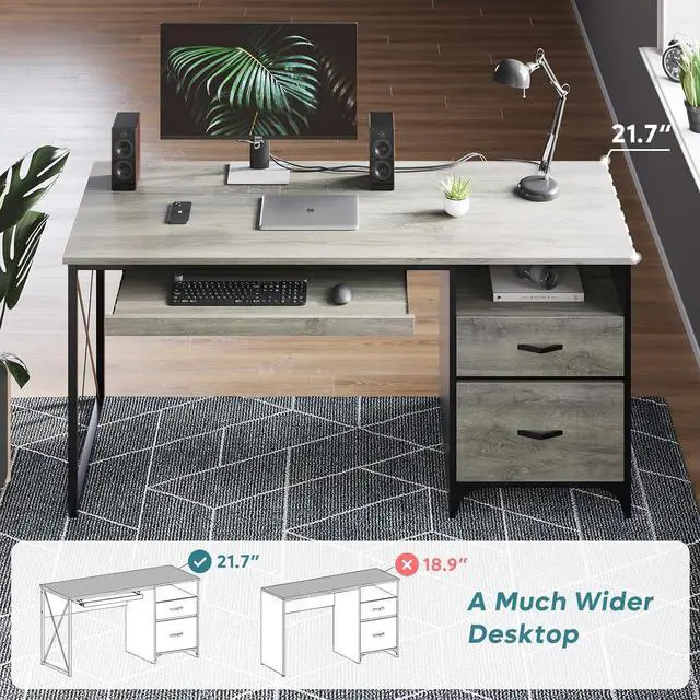 Alt view image 7 of 7 - Bestier Office Desk with Drawers, 55 inch Industrial Computer Desk with Storage, Wood Teacher Desk with Keyboard Tray & File Drawer for Home Office, Light Gray Oak