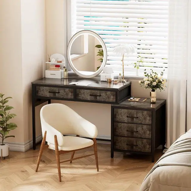 Alt view image 2 of 7 - Unikito Computer Desk with 5 Drawers, Reversible Home Office Desk with Power Outlets, Sturdy Writing Desk with File Cabinet and Printer Stand, Vanity Desk with Storage for Small Space, Black Oak