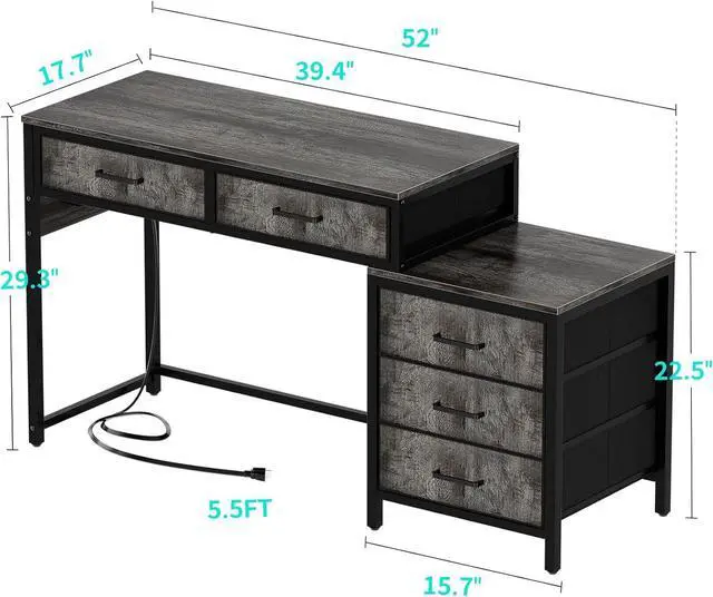 Alt view image 3 of 7 - Unikito Computer Desk with 5 Drawers, Reversible Home Office Desk with Power Outlets, Sturdy Writing Desk with File Cabinet and Printer Stand, Vanity Desk with Storage for Small Space, Black Oak