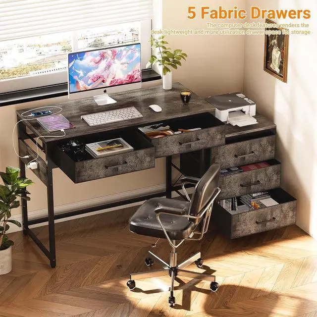 Alt view image 4 of 7 - Unikito Computer Desk with 5 Drawers, Reversible Home Office Desk with Power Outlets, Sturdy Writing Desk with File Cabinet and Printer Stand, Vanity Desk with Storage for Small Space, Black Oak