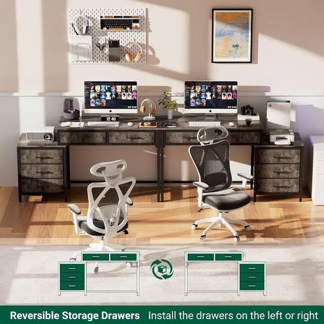 Alt view image 5 of 7 - Unikito Computer Desk with 5 Drawers, Reversible Home Office Desk with Power Outlets, Sturdy Writing Desk with File Cabinet and Printer Stand, Vanity Desk with Storage for Small Space, Black Oak