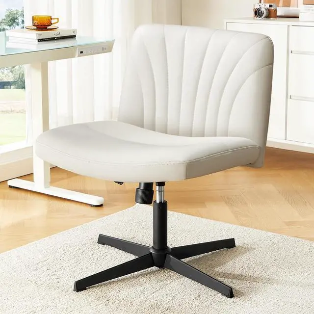 Main image of Marsail Cross Legged Office Chair: PU Leather Criss Cross Desk Chair Wide Armless Desk Chair Swivel Height Adjustable Vanity Chair for Make Up,Small Space,Bed Room(Beige)