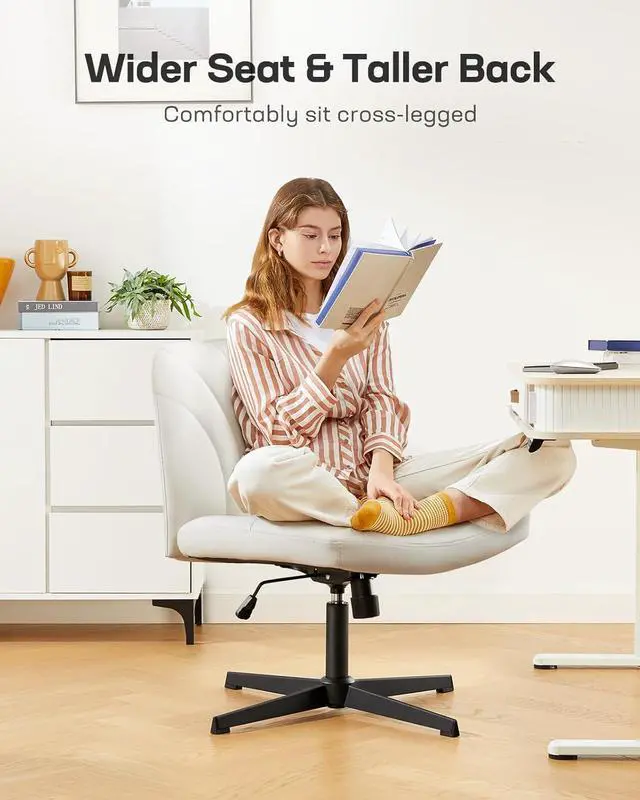 Alt view image 3 of 7 - Marsail Cross Legged Office Chair: PU Leather Criss Cross Desk Chair Wide Armless Desk Chair Swivel Height Adjustable Vanity Chair for Make Up,Small Space,Bed Room(Beige)