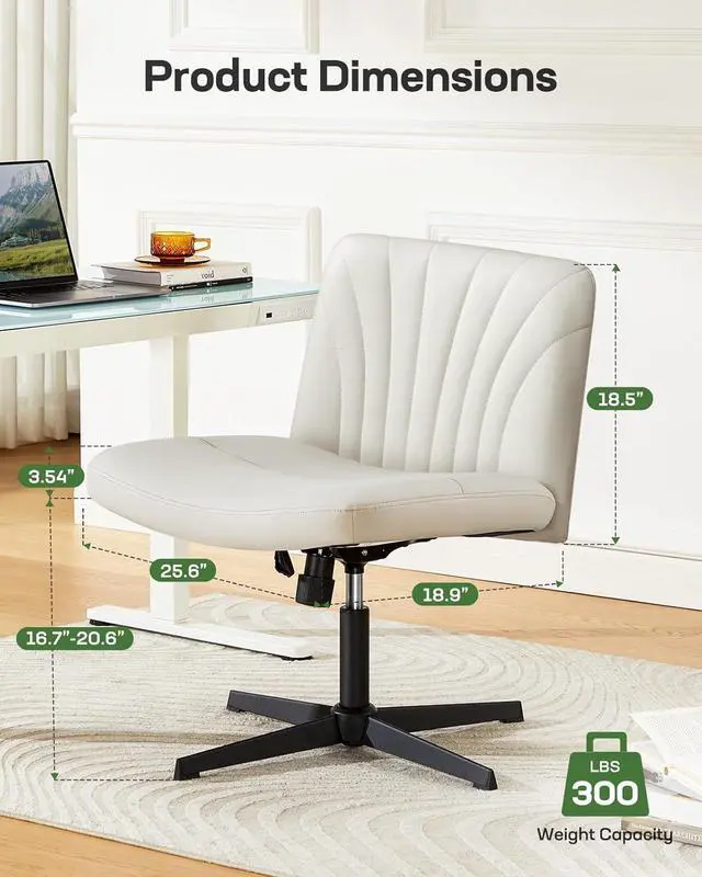 Alt view image 2 of 7 - Marsail Cross Legged Office Chair: PU Leather Criss Cross Desk Chair Wide Armless Desk Chair Swivel Height Adjustable Vanity Chair for Make Up,Small Space,Bed Room(Beige)