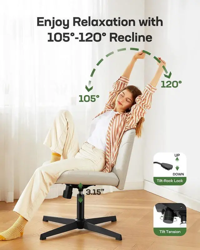 Alt view image 7 of 7 - Marsail Cross Legged Office Chair: PU Leather Criss Cross Desk Chair Wide Armless Desk Chair Swivel Height Adjustable Vanity Chair for Make Up,Small Space,Bed Room(Beige)