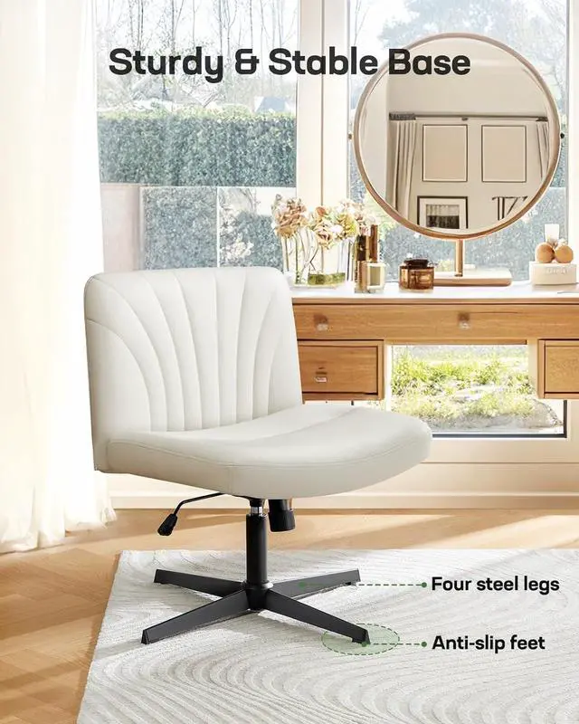 Alt view image 5 of 7 - Marsail Cross Legged Office Chair: PU Leather Criss Cross Desk Chair Wide Armless Desk Chair Swivel Height Adjustable Vanity Chair for Make Up,Small Space,Bed Room(Beige)