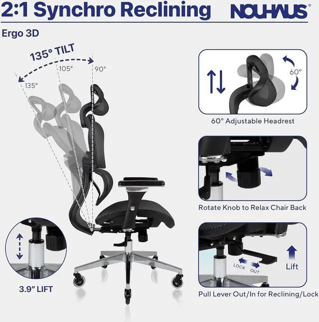 Alt view image 3 of 7 - Nouhaus Ergo3D Ergonomic Office Chair Lumbar Support Mesh Office Chair with 4D Adjustable Armrest, Adjustable Headrest and Wheels, Mesh High Back Home Office Desk Chairs(Black)