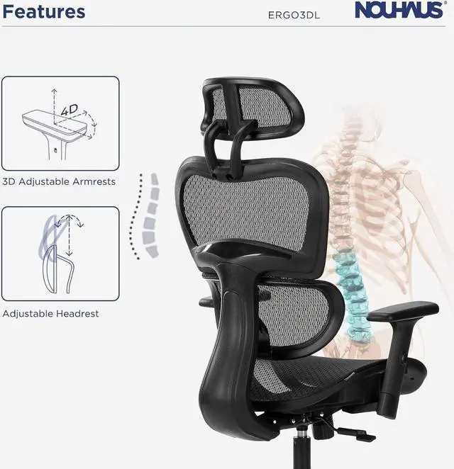 Alt view image 5 of 7 - Nouhaus Ergo3D Ergonomic Office Chair Lumbar Support Mesh Office Chair with 4D Adjustable Armrest, Adjustable Headrest and Wheels, Mesh High Back Home Office Desk Chairs(Black)