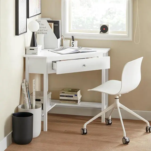 Main image of Haotian Corner Desk Triangle Desk with Drawer Triangle Computer Desk with Drawer and Ladder Shelf Home Office Writing Table Computer Workstation, White FWT31-W