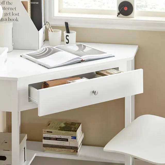 Alt view image 5 of 7 - Haotian Corner Desk Triangle Desk with Drawer Triangle Computer Desk with Drawer and Ladder Shelf Home Office Writing Table Computer Workstation, White FWT31-W