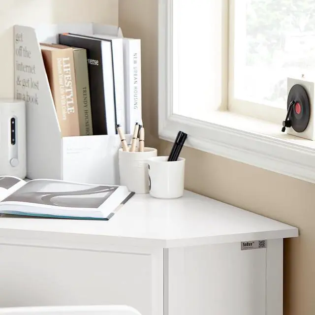 Alt view image 6 of 7 - Haotian Corner Desk Triangle Desk with Drawer Triangle Computer Desk with Drawer and Ladder Shelf Home Office Writing Table Computer Workstation, White FWT31-W