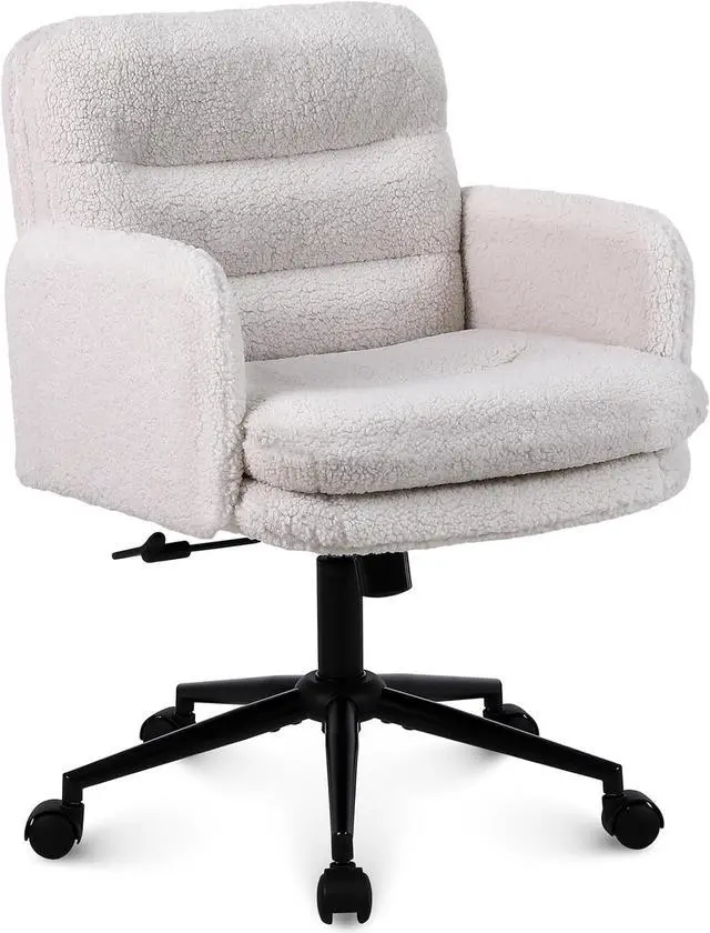 Main image of Adjustable Height Home Office Chair, Modern Mid Back Computer Desk Chair with Wheels, Ergonomic Upholstered Swivel Chair, Cream