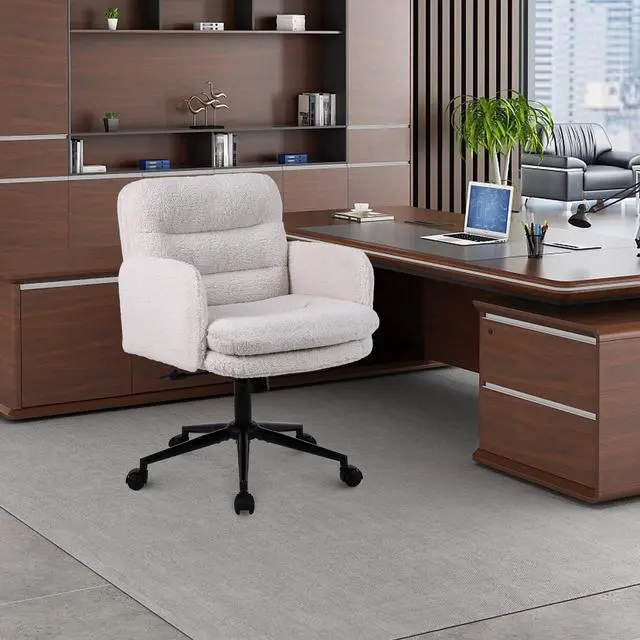 Alt view image 2 of 7 - Adjustable Height Home Office Chair, Modern Mid Back Computer Desk Chair with Wheels, Ergonomic Upholstered Swivel Chair, Cream