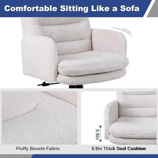 Alt view image 4 of 7 - Adjustable Height Home Office Chair, Modern Mid Back Computer Desk Chair with Wheels, Ergonomic Upholstered Swivel Chair, Cream