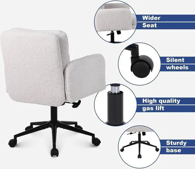 Alt view image 6 of 7 - Adjustable Height Home Office Chair, Modern Mid Back Computer Desk Chair with Wheels, Ergonomic Upholstered Swivel Chair, Cream