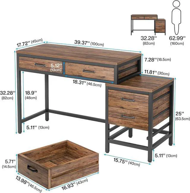 Alt view image 3 of 7 - Tribesigns Computer Desk with 5 Drawers, Home Office Desks with Reversible Drawer Cabinet Printer Stand, Industrial PC Desk with Storage, Rustic Study Writing Table Workstation for Small Spaces