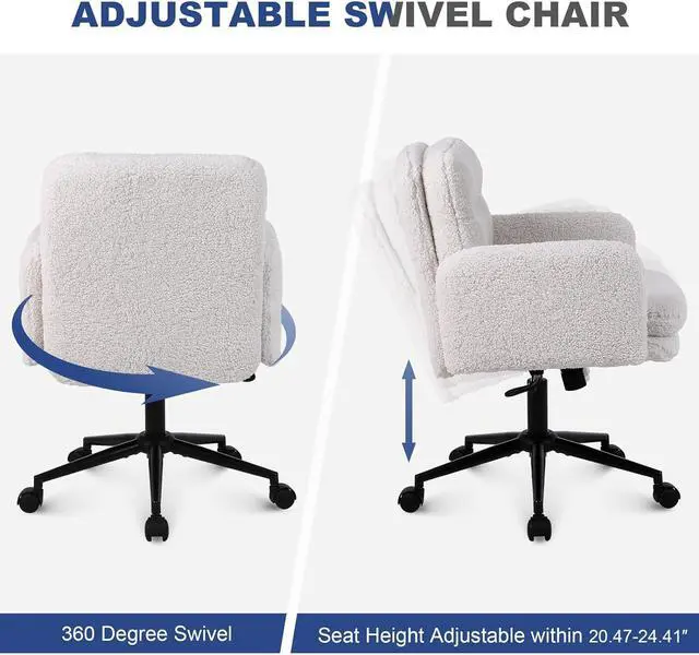 Alt view image 7 of 7 - Adjustable Height Home Office Chair, Modern Mid Back Computer Desk Chair with Wheels, Ergonomic Upholstered Swivel Chair, Cream