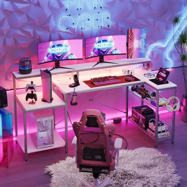 Alt view image 3 of 7 - Bestier White Gaming Desk with Power Outlet, 71.5 LED Computer Desk with Monitor Stand, Large L Shaped Desk with Adjustable Shelf, Cup Holder & Headset Hooks, Corner Study Desk for Bedroom