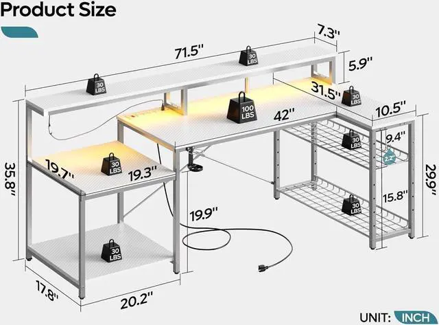 Alt view image 2 of 7 - Bestier White Gaming Desk with Power Outlet, 71.5 LED Computer Desk with Monitor Stand, Large L Shaped Desk with Adjustable Shelf, Cup Holder & Headset Hooks, Corner Study Desk for Bedroom
