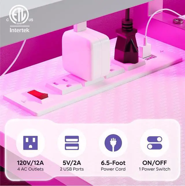 Alt view image 4 of 7 - Bestier White Gaming Desk with Power Outlet, 71.5 LED Computer Desk with Monitor Stand, Large L Shaped Desk with Adjustable Shelf, Cup Holder & Headset Hooks, Corner Study Desk for Bedroom