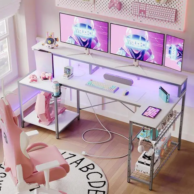 Alt view image 7 of 7 - Bestier White Gaming Desk with Power Outlet, 71.5 LED Computer Desk with Monitor Stand, Large L Shaped Desk with Adjustable Shelf, Cup Holder & Headset Hooks, Corner Study Desk for Bedroom