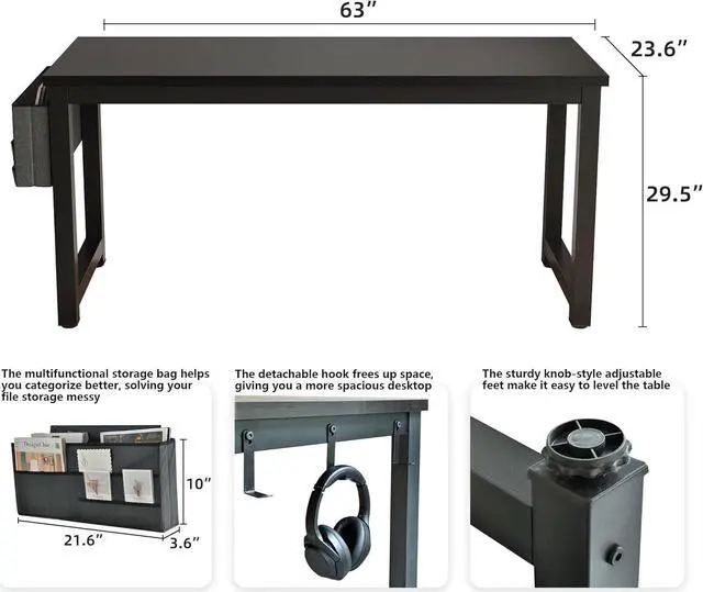 Alt view image 3 of 6 - Large Computer Desk - 63 Inch Home Office Desk Study Student Writing Table Gaming Desk Wood Modern Simple Table with Storage Bag & Headphone Hooks, Black