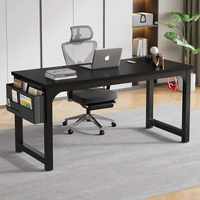 Alt view image 2 of 6 - Large Computer Desk - 63 Inch Home Office Desk Study Student Writing Table Gaming Desk Wood Modern Simple Table with Storage Bag & Headphone Hooks, Black