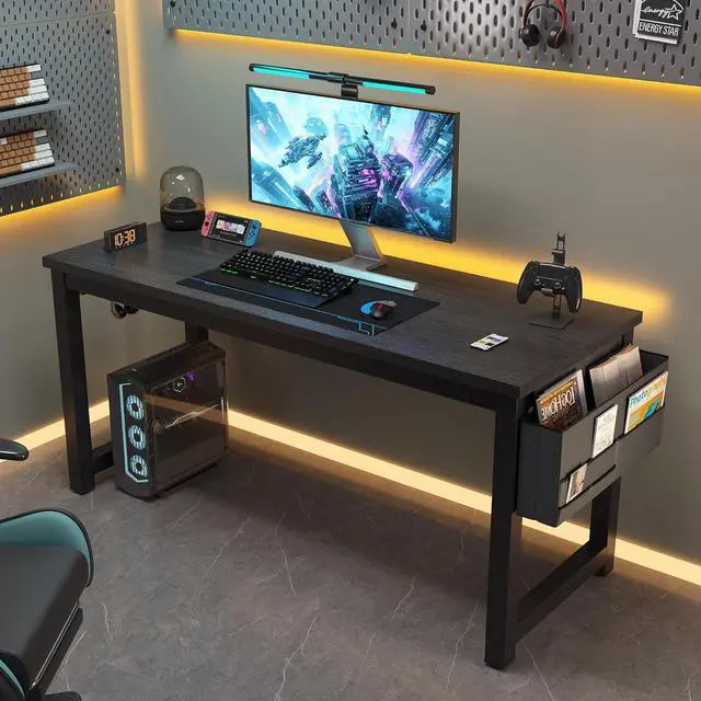 Alt view image 4 of 6 - Large Computer Desk - 63 Inch Home Office Desk Study Student Writing Table Gaming Desk Wood Modern Simple Table with Storage Bag & Headphone Hooks, Black