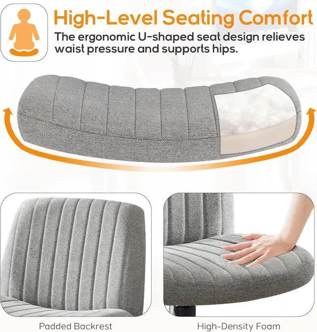 Alt view image 5 of 7 - DUMOS Criss Cross Chair Legged Office Wide Comfy Desk Seat, No Wheels Armless Computer Task Seating, Swivel Vanity Home Height Adjustable