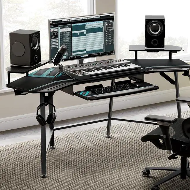 Alt view image 4 of 7 - EUREKA ERGONOMIC Gaming Desk with Led Lights,72" Large Wing-Shaped Studio Desk W Keyboard Tray, Computer Desk Table W Monitor Stand Dual Headphone Hanger Cup Holder for Live,Streamer,Black
