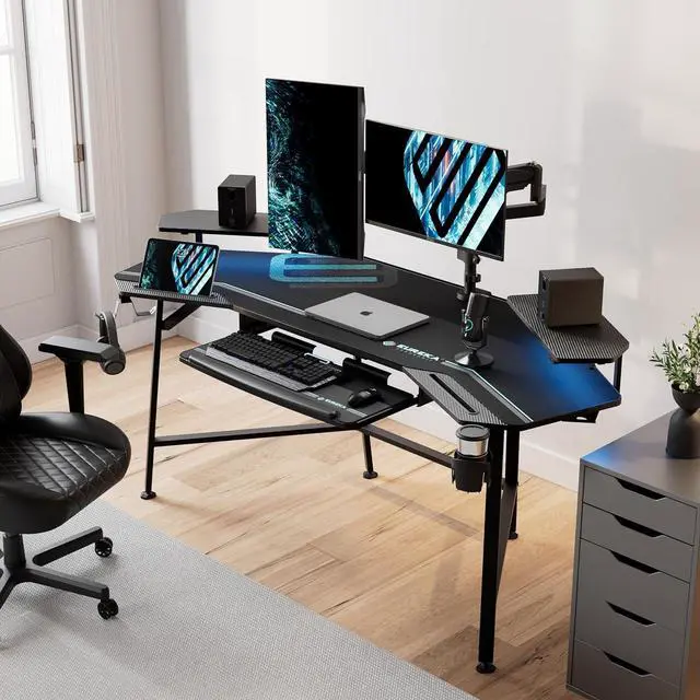 Alt view image 5 of 7 - EUREKA ERGONOMIC Gaming Desk with Led Lights,72" Large Wing-Shaped Studio Desk W Keyboard Tray, Computer Desk Table W Monitor Stand Dual Headphone Hanger Cup Holder for Live,Streamer,Black