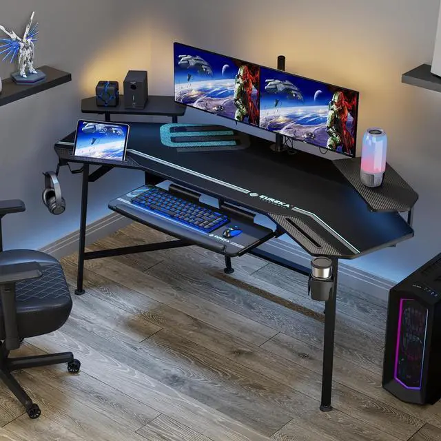 Alt view image 2 of 7 - EUREKA ERGONOMIC Gaming Desk with Led Lights,72" Large Wing-Shaped Studio Desk W Keyboard Tray, Computer Desk Table W Monitor Stand Dual Headphone Hanger Cup Holder for Live,Streamer,Black