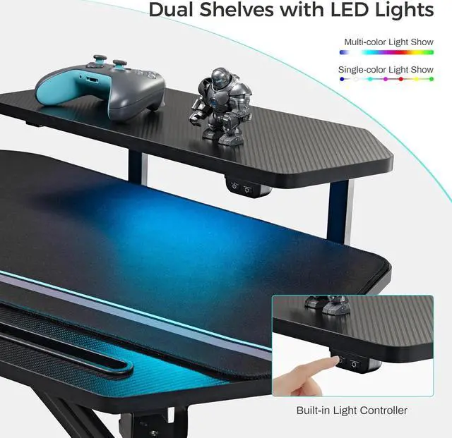 Alt view image 6 of 7 - EUREKA ERGONOMIC Gaming Desk with Led Lights,72" Large Wing-Shaped Studio Desk W Keyboard Tray, Computer Desk Table W Monitor Stand Dual Headphone Hanger Cup Holder for Live,Streamer,Black