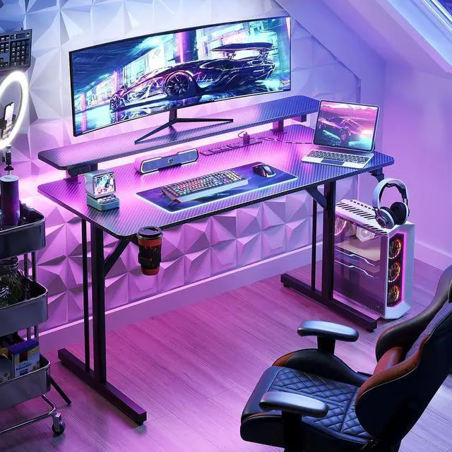 Alt view image 2 of 7 - MOTPK Small Gaming Desk with LED Lights & Power Outlets, 39 Inch Computer Desk Gaming Table with Monitor Shelf, Gamer Desk with Carbon Fiber Texture, Kids Boys Desk Gift for Men
