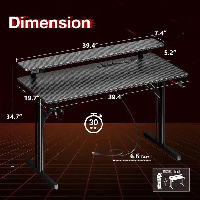 Alt view image 3 of 7 - MOTPK Small Gaming Desk with LED Lights & Power Outlets, 39 Inch Computer Desk Gaming Table with Monitor Shelf, Gamer Desk with Carbon Fiber Texture, Kids Boys Desk Gift for Men