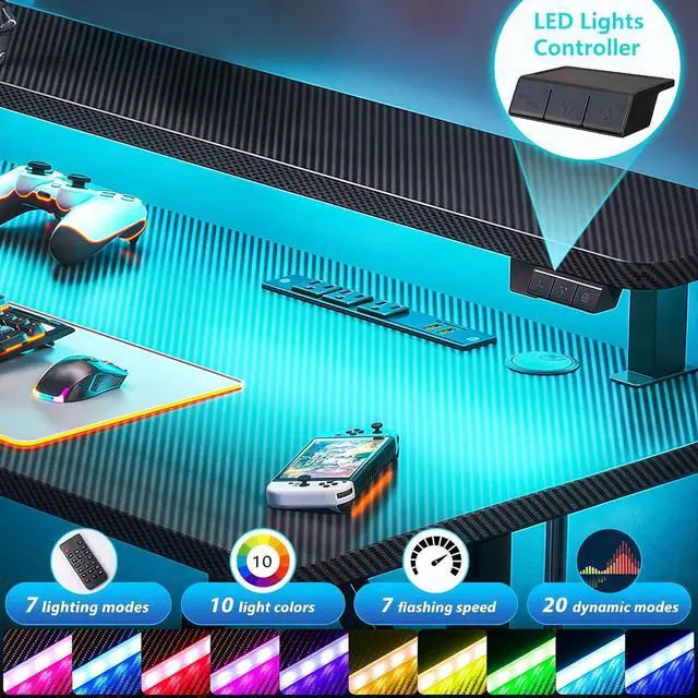 Alt view image 4 of 7 - MOTPK Small Gaming Desk with LED Lights & Power Outlets, 39 Inch Computer Desk Gaming Table with Monitor Shelf, Gamer Desk with Carbon Fiber Texture, Kids Boys Desk Gift for Men