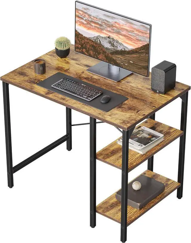 Main image of CubiCubi Small Computer Desk, 35 Inch Home Office Desk with 2 Storage Shelves on Left or Right Side, Study Writing Desk with Storage Board, Rustic Brown