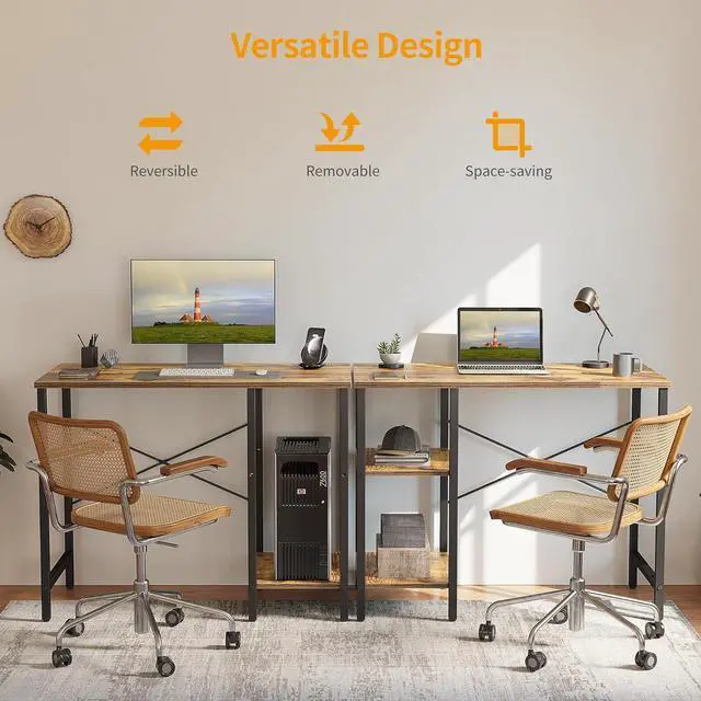 Alt view image 4 of 7 - CubiCubi Small Computer Desk, 35 Inch Home Office Desk with 2 Storage Shelves on Left or Right Side, Study Writing Desk with Storage Board, Rustic Brown