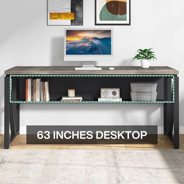 Alt view image 3 of 7 - Tribesigns 63 inches Computer Desk with Bottom Storage Shelf Home Office Desk Writing Table for Workstation,Dark Walnut + Steel Leg Cabinet not Included (Grey, 63-inch-with Shelf)