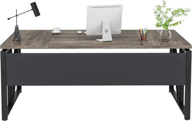 Alt view image 6 of 7 - Tribesigns 63 inches Computer Desk with Bottom Storage Shelf Home Office Desk Writing Table for Workstation,Dark Walnut + Steel Leg Cabinet not Included (Grey, 63-inch-with Shelf)