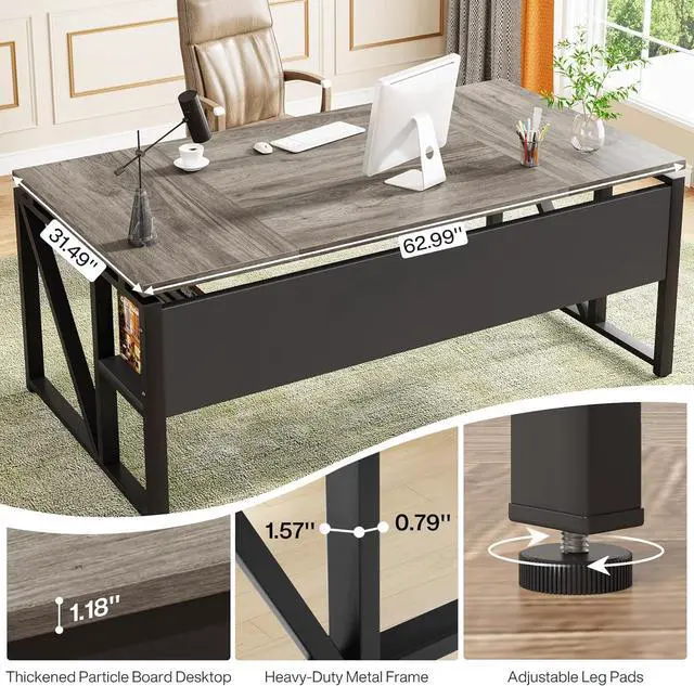 Alt view image 7 of 7 - Tribesigns 63 inches Computer Desk with Bottom Storage Shelf Home Office Desk Writing Table for Workstation,Dark Walnut + Steel Leg Cabinet not Included (Grey, 63-inch-with Shelf)