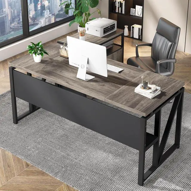 Alt view image 5 of 7 - Tribesigns 63 inches Computer Desk with Bottom Storage Shelf Home Office Desk Writing Table for Workstation,Dark Walnut + Steel Leg Cabinet not Included (Grey, 63-inch-with Shelf)
