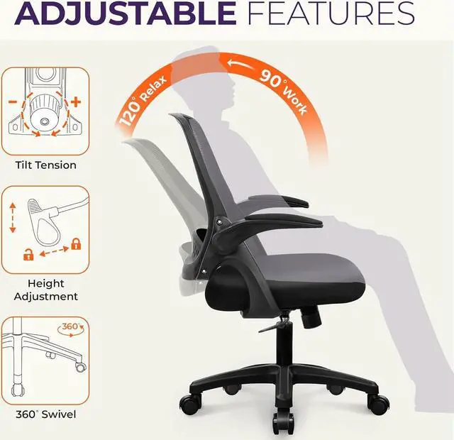 Alt view image 6 of 7 - NEO CHAIR Office Desk Computer Gaming Chair with Executive Ergonomic Lumbar Back Support Flip-up Padded Armrest Adjustable Height and Wheels for Home or Office (Black)