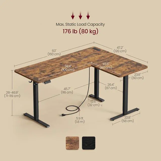 Alt view image 2 of 6 - VASAGLE L-Shaped Electric Standing Desk, Corner Desk with Power Outlets, Height Adjustable Computer Desk, Gaming Desk, Memory Function, Easy to Assemble, for Home Office, Rustic Brown ULSD242K01