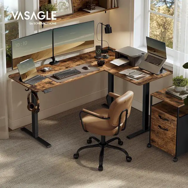 Alt view image 3 of 6 - VASAGLE L-Shaped Electric Standing Desk, Corner Desk with Power Outlets, Height Adjustable Computer Desk, Gaming Desk, Memory Function, Easy to Assemble, for Home Office, Rustic Brown ULSD242K01