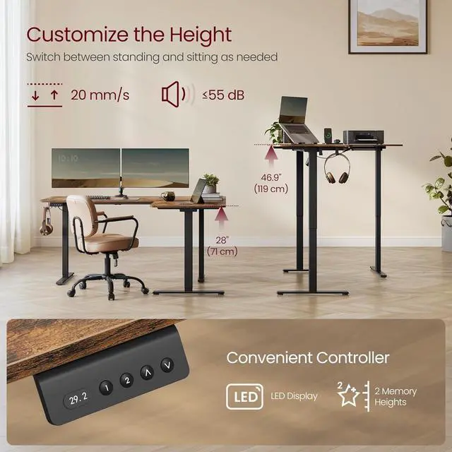 Alt view image 4 of 6 - VASAGLE L-Shaped Electric Standing Desk, Corner Desk with Power Outlets, Height Adjustable Computer Desk, Gaming Desk, Memory Function, Easy to Assemble, for Home Office, Rustic Brown ULSD242K01