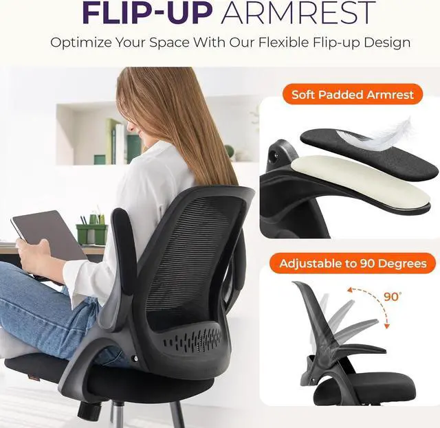 Alt view image 7 of 7 - NEO CHAIR Office Desk Computer Gaming Chair with Executive Ergonomic Lumbar Back Support Flip-up Padded Armrest Adjustable Height and Wheels for Home or Office (Black)