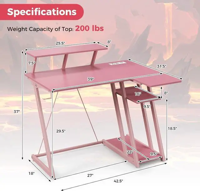 Alt view image 3 of 7 - Tangkula L Shaped Gaming Desk with Power Outlets, Small Gaming Computer Desk 39inch with Storage Shelf, Corner Desk with Carbon Fiber Texture, Gamer Desk Gaming Table (Pink)