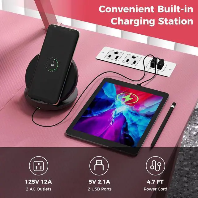 Alt view image 4 of 7 - Tangkula L Shaped Gaming Desk with Power Outlets, Small Gaming Computer Desk 39inch with Storage Shelf, Corner Desk with Carbon Fiber Texture, Gamer Desk Gaming Table (Pink)